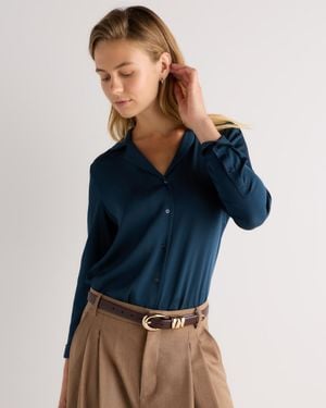 Quince Washable Stretch Silk Notch Collar Blouse - Blue