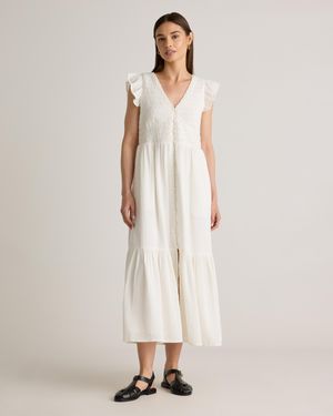 Quince Organic Textured Cotton Smocked V-Neck Midi Dress, Organic Cotton - Natural
