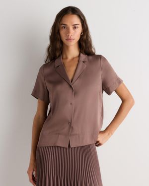 Quince Washable Stretch Silk Short Sleeve Notch Collar Blouse, Mulberry Silk - Brown