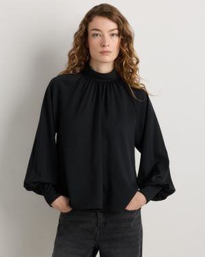 Quince Drapey Chiffon Mock Neck Long Sleeve Blouse, Recycled Polyester - Black