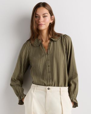 Quince Embroidered Cotton Ruffle Collar Long Sleeve Blouse, Organic Cotton - Green