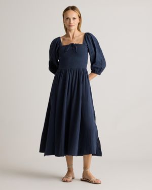 Quince Gauze Smocked Square Neck Midi Dress, Organic Cotton - Blue