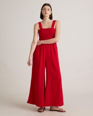 Quince Gauze Smocked Wide Leg Jumpsuit, Organic Cotton - Red