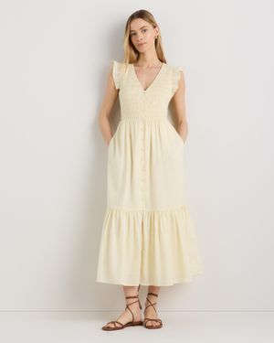 Quince Organic Textured Cotton Smocked V-Neck Midi Dress, Organic Cotton - Natural