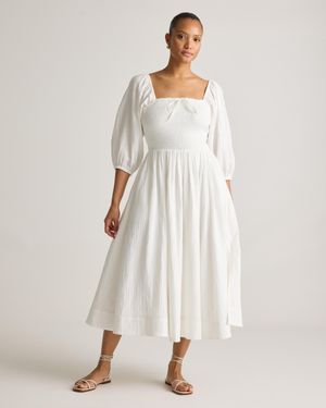 Quince Gauze Smocked Square Neck Midi Dress, Organic Cotton - Natural