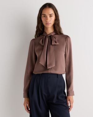 Quince Washable Stretch Silk Tie Neck Blouse - Blue