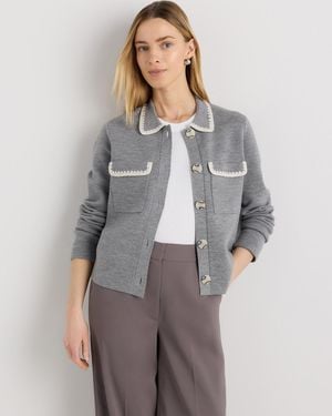 Quince Australian Merino Wool Crochet Trim Sweater Jacket - Gray
