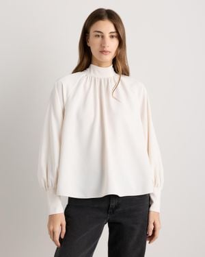 Quince Drapey Chiffon Mock Neck Long Sleeve Blouse, Recycled Polyester - White