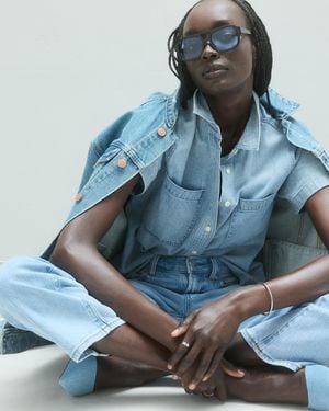 Quince Distressed Denim Short Sleeve Shirt, Cotton - Blue