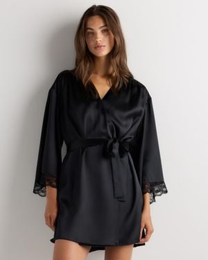 Quince Satin Lace Trim Robe, Mulberry Silk - Black