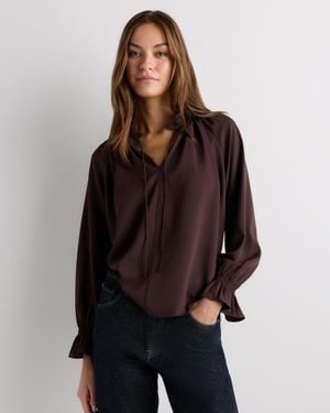 Quince Drapey Chiffon Split Neck Long Sleeve Blouse, Recycled Polyester - Brown