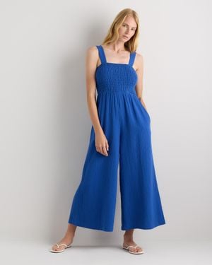 Quince Gauze Smocked Wide Leg Jumpsuit, Organic Cotton - Blue