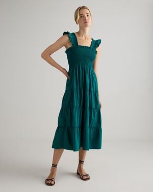 Quince Poplin Smocked Midi Dress, Organic Cotton - Green