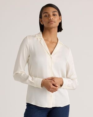 Quince 100% Washable Silk Stretch Notch Collar Blouse - White
