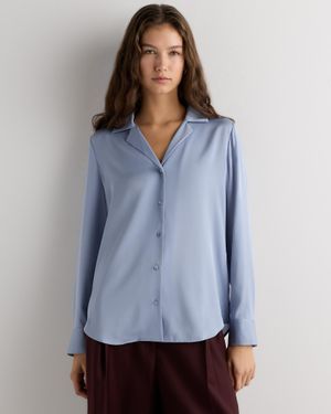 Quince Washable Stretch Silk Notch Collar Blouse - Blue