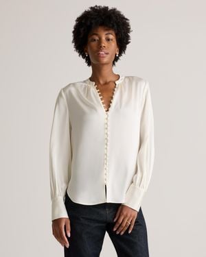 Quince Washable Stretch Silk Peasant Blouse - White