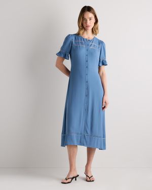 Quince Lightweight Crepe Lace Inset Midi Dress, Viscose - Blue
