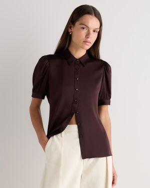 Quince Washable Stretch Silk Puff Sleeve Blouse, Mulberry Silk - Black