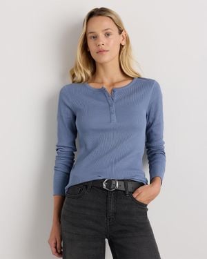 Quince Micro-Rib Henley Long Sleeve Tee, Organic Cotton - Blue