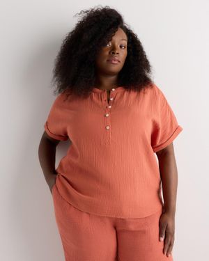 Quince Gauze Roll Sleeve Shirt, Organic Cotton - Orange