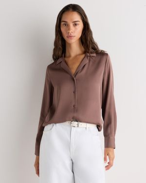 Quince Washable Stretch Silk Notch Collar Blouse - Brown