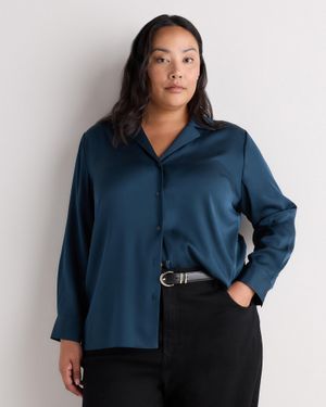 Quince Washable Stretch Silk Notch Collar Blouse - Blue