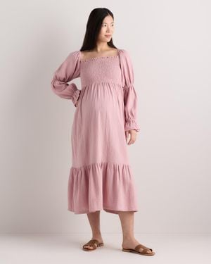 Quince Gauze Maternity Smocked Midi Dress, Organic Cotton - Pink