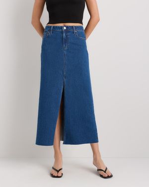 Quince Stretch Denim 5-Pocket Midi Skirt, Organic Cotton - Blue