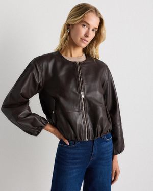 Quince Collarless Cropped Bubble Hem Jacket, Leather - Black