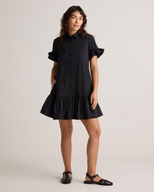 Quince Poplin Short Sleeve Ruffle Shirt Dress, Organic Cotton - Black