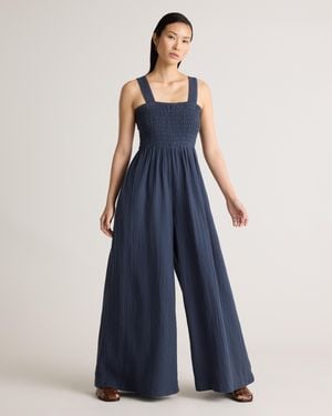 Quince Gauze Smocked Wide Leg Jumpsuit, Organic Cotton - Blue