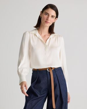 Quince Washable Stretch Silk Split Neck Blouse, Mulberry Silk - White