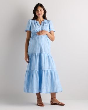 Quince Poplin Maternity Tiered Maxi Dress, Organic Cotton - Blue