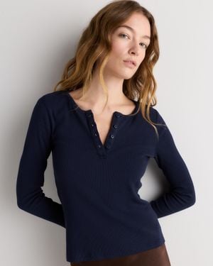 Quince Micro-Rib Henley Long Sleeve Tee, Organic Cotton - Blue