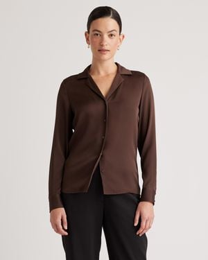 Quince Washable Stretch Silk Notch Collar Blouse - Brown