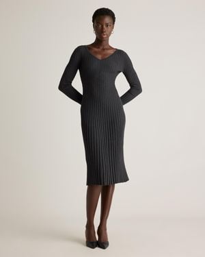 Quince Cotton Cashmere Ribbed Long Sleeve V-Neck Midi Dress - Black