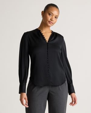 Quince Washable Stretch Silk Peasant Blouse - Black