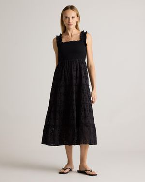 Quince Eyelet Smocked Midi Dress, Organic Cotton - Black