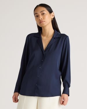 Quince 100% Washable Silk Stretch Notch Collar Blouse - Blue