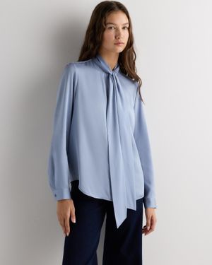 Quince Washable Stretch Silk Tie Neck Blouse - Blue
