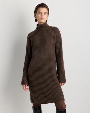 Quince Mongolian Cashmere Ribbed Turtleneck Mini Dress - Brown