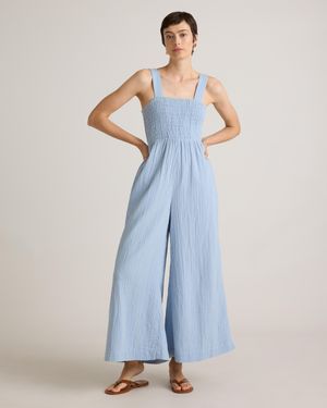 Quince Gauze Smocked Wide Leg Jumpsuit, Organic Cotton - Blue
