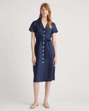 Quince 100% European Linen Button Front Dress - Blue