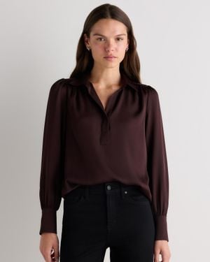 Quince Washable Stretch Silk Split Neck Blouse, Mulberry Silk - Multicolor