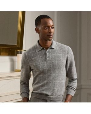Ralph Lauren Windowpane Cashmere Polo-Collar Sweater - Grey