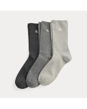 Ralph Lauren Rib-Knit Cotton-Blend Crew Sock 3-Pack - Grey
