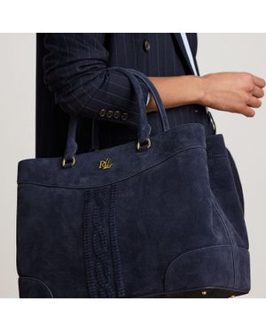 Ralph Lauren Cable-Embossed Suede Large Marcy Satchel - Blue