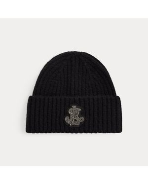 Ralph Lauren Embellished-Bullion Rib-Knit Beanie - Black