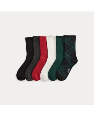 Ralph Lauren Plaid & Mini-Cable Roll-Top Sock 6-Pack - Green