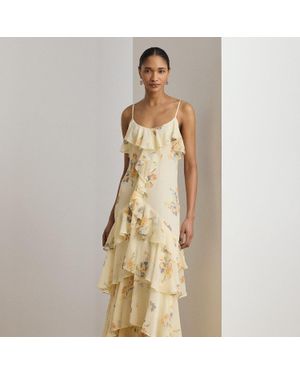 Ralph Lauren Floral Ruffle-Trim Georgette Gown - Natural